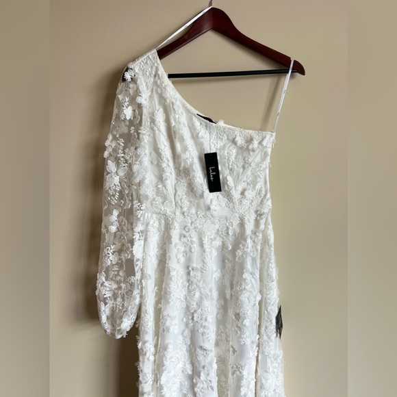 NWT Lulus Eloquent Elegance White Embroidered Lace One-Shoulder Midi Dress Sz M - Picture 4 of 9
